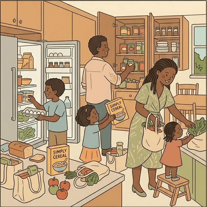 A family unpacking groceries together in their kitchen